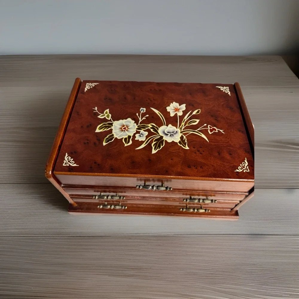 Wooden Burl Walnut Finish Floral Jewelry Box With Mirror